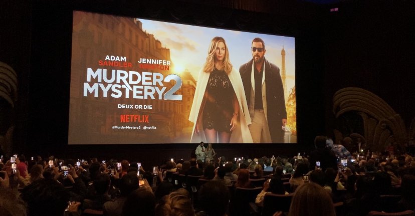 luciecarette's tweet photo. Jennifer Aniston &amp; Adam Sandler introducing the premiere of #MurderMystery2 in Hollywood. The film was partly shot in Paris thanks to the 30% Tax Rebate on International Production #TRIP #ChooseFrance #FilmingInFrance #Netflix https://t.co/jP2nNCmJ81 https://t.co/gHbtcvs8c9