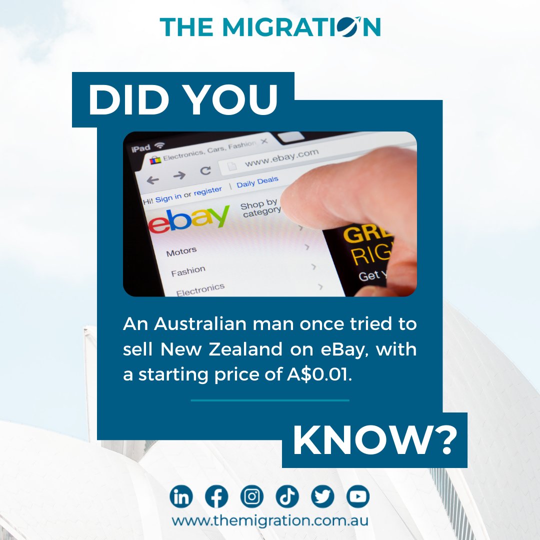 TheMigrationAU's tweet image. That's right, the whole thing. An Australian man auctioned off New Zealand for A$0.01 in May 2006. eBay closed the auction after 22 bids raised the price to A$3,000.
.
.
#themigration #austraia #lifeinaustralia #doyouknow