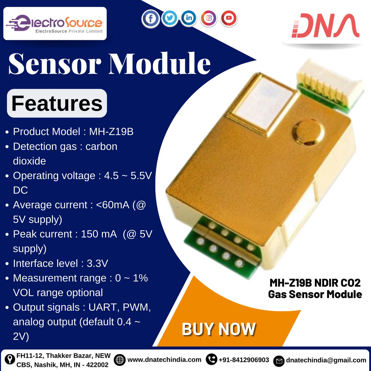 dnatechindia's tweet image. Sensor Module
MH-Z19B NDIR CO2 Gas Sensor Module
#sensormodule #module #gassensor #productmodel #detectiongas #operatingvoltage #averagecurrent #peakcurrent #interface #level #measurement #range #output #singls #analigoutput #electroniccomponents #components #nashikcity