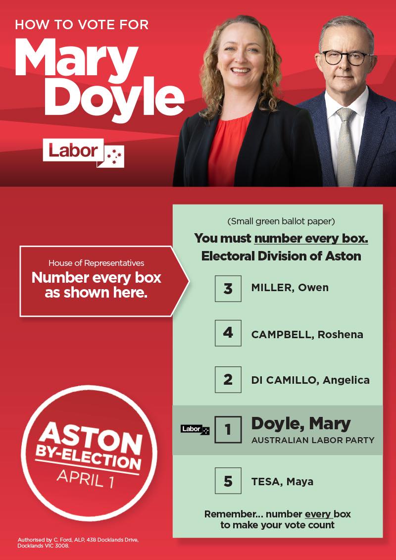 The Liberals have said no to action on climate change, no to affordable housing, no to Australian manufacturing and no to secure jobs.
Aston needs Labor's Mary Doyle as their representative.
#MaryDoyle4Aston
#VoteLabor
#auspol