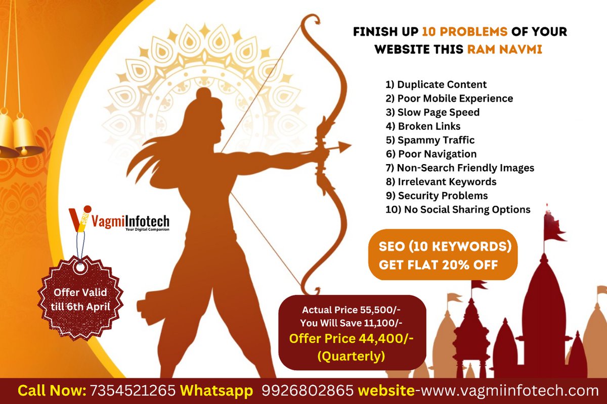 VagmiNidhi's tweet photo. Finish up 10 Problems of your Website This Ram Navmi
With Our Exclusive SEO (10 Keywords) Offer
Get your SEO Services Now!
Call Now: 7354521265
WhatsApp : 9926802865
Visit: https://t.co/JYLzs9inuC
#vagmiinfotech #ramnavmi #seooffer #seoproblems #10problemsonesolution https://t.co/7kLkY96Gu9