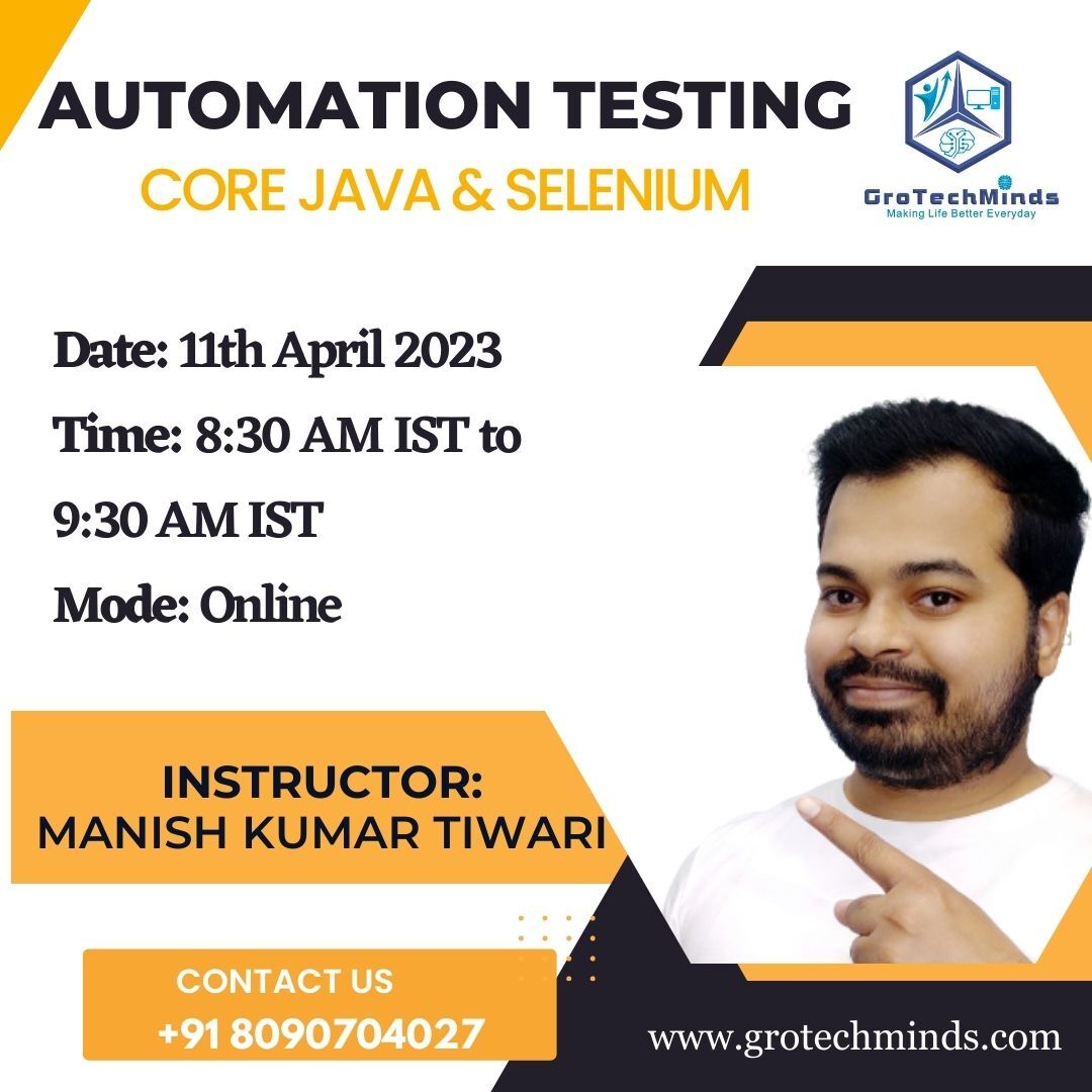 grotechminds's tweet image. GroTechMinds is launching a new batch of Automation Testing(Core Java + Selenium) starting 11th April 2023.
Teacher: Manish Kumar Tiwari
#grotechminds #softwaretestingbymkt #automationtesting #seleniumjava