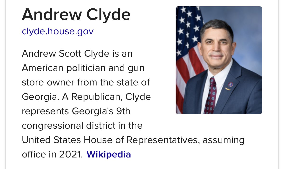 talanwright's tweet photo. @RepJimmyGomez @HC_Richardson @Rep_Clyde Clyde is literally an arms dealer and a gun fetishist.  He owns a gun store.  Almost everything he does in Congress and everything he posts on his twitter feed is gun-related. #BloodOnHisHands #DoBetterGeorgia https://t.co/Sq86Q2SoqP