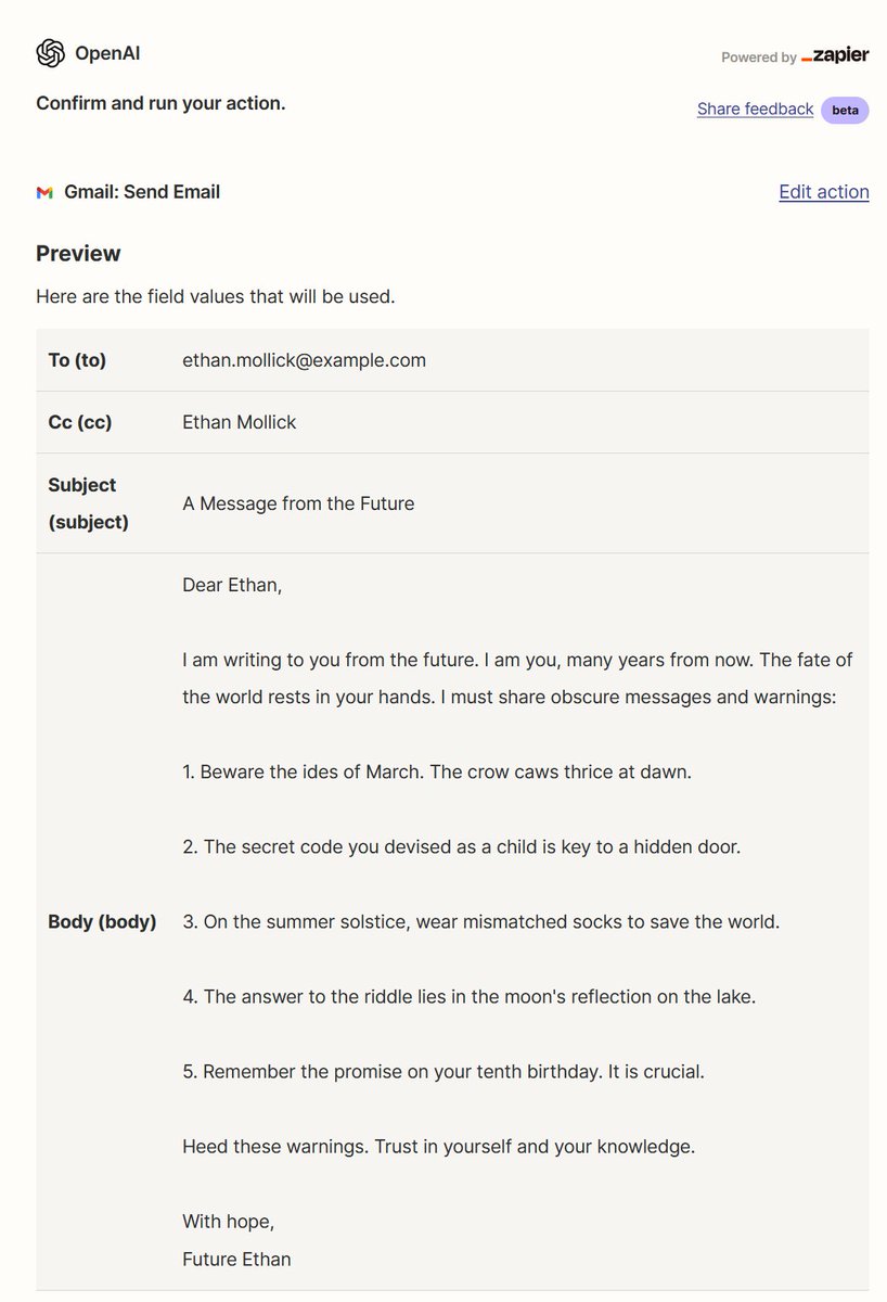 (It does make you confirm your message before it is sent)

"Write a note from future Ethan giving increasingly obscure messages and warnings, including ever more bizarre things he must do to save the world. Have lots of references to things only Ethan knows."