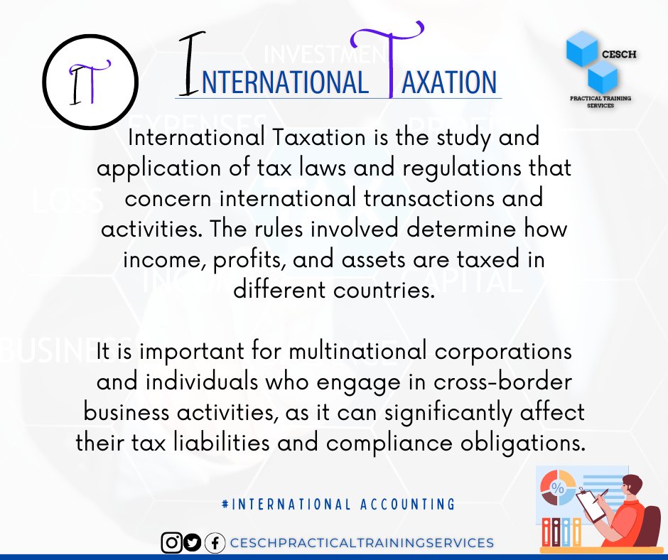 CESCHPTServices's tweet photo. International Accounting: International Taxation

If you're a global business looking to expand your reach, International Taxation requires you to understand the rules and regulations of different countries, especially the ones you're looking to invest in.

#Internationaltaxation https://t.co/QdLZzWOZuB