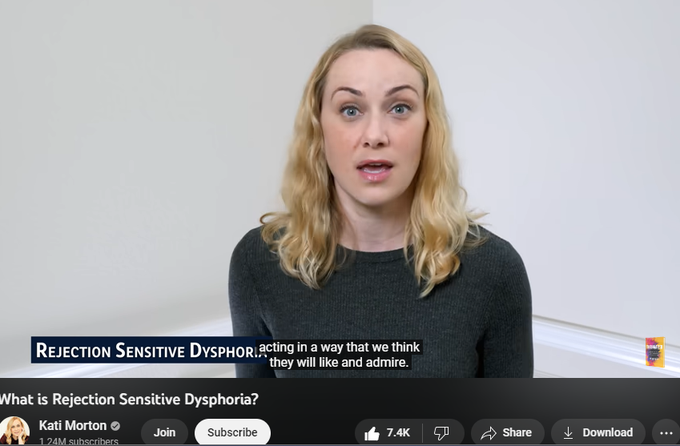 https://www.youtube.com/watch?v=ZQ44ynEjsHQ
What is Rejection Sensitive Dysphoria?
147,367 views  21 Jun 2021  #therapist #therapy #katimorton
Rejection Sensitive Dysphoria (RSD): what is it and how can we deal with it?
 
No one enjoys being rejected; it’s upsetting, and can be emotionally painful. But most of us are able to recover from rejection fairly quickly, without having it affect our other relationships or our mental health. We can lean on friends and family, and our stock pile of resilience to get us through. But not everyone is able to bounce back like that, and many experience what is called rejection sensitive dysphoria, which is an intense emotional reaction to any real or perceived rejection. RSD can happen as a result of someone criticizing us, but it can also occur when we fail to meet our own expectations or feel like we have fallen short of our goals. Any shortcoming pointed out by ourselves or someone else feels extremely painful and can cause us to lash out or shut