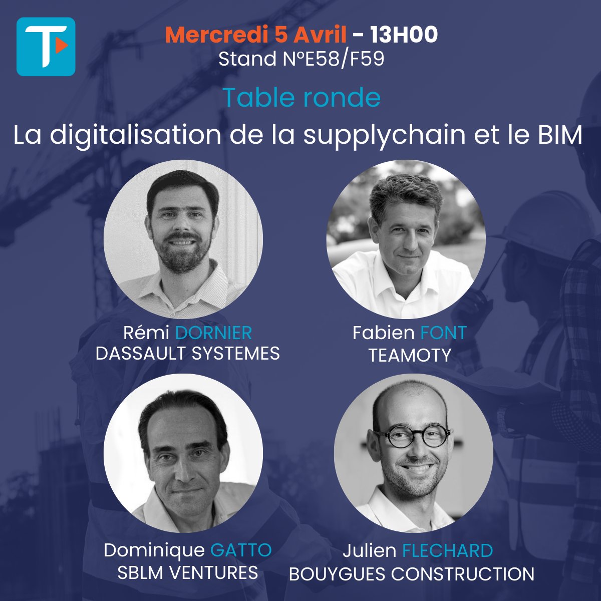 Teamoty_io's tweet photo. Un panel d'experts interviendra sur notre stand E58/F59 au @bim_world à Paris pour parler #supplychain #BIM #Lean #Leanconstruction. Participez gratuitement à l'évènement avec notre code EK3123. https://t.co/5axV9vCK02