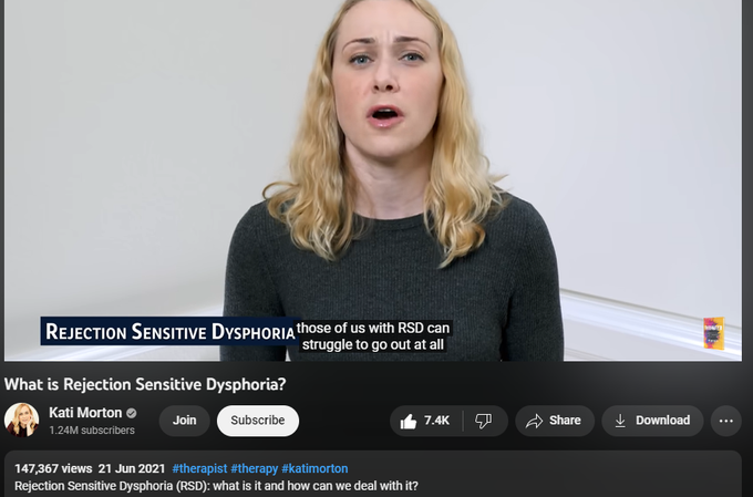 https://www.youtube.com/watch?v=ZQ44ynEjsHQ
What is Rejection Sensitive Dysphoria?
147,367 views  21 Jun 2021  #therapist #therapy #katimorton
Rejection Sensitive Dysphoria (RSD): what is it and how can we deal with it?
 
No one enjoys being rejected; it’s upsetting, and can be emotionally painful. But most of us are able to recover from rejection fairly quickly, without having it affect our other relationships or our mental health. We can lean on friends and family, and our stock pile of resilience to get us through. But not everyone is able to bounce back like that, and many experience what is called rejection sensitive dysphoria, which is an intense emotional reaction to any real or perceived rejection. RSD can happen as a result of someone criticizing us, but it can also occur when we fail to meet our own expectations or feel like we have fallen short of our goals. Any shortcoming pointed out by ourselves or someone else feels extremely painful and can cause us to lash out or shut