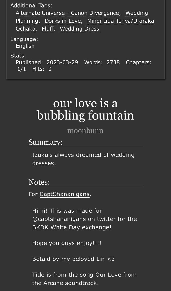 Hi hi!!! Here's my gift for @captshananigans for the <a href="/bkdkwhiteday/">BKDK White Day Exchange</a> exchange event!!!

Link: archiveofourown.org/works/46095916

I had so much fun writing and rotting my brain away with the prompts. Hope you enjoy!!!

 #bkdkwhiteday23