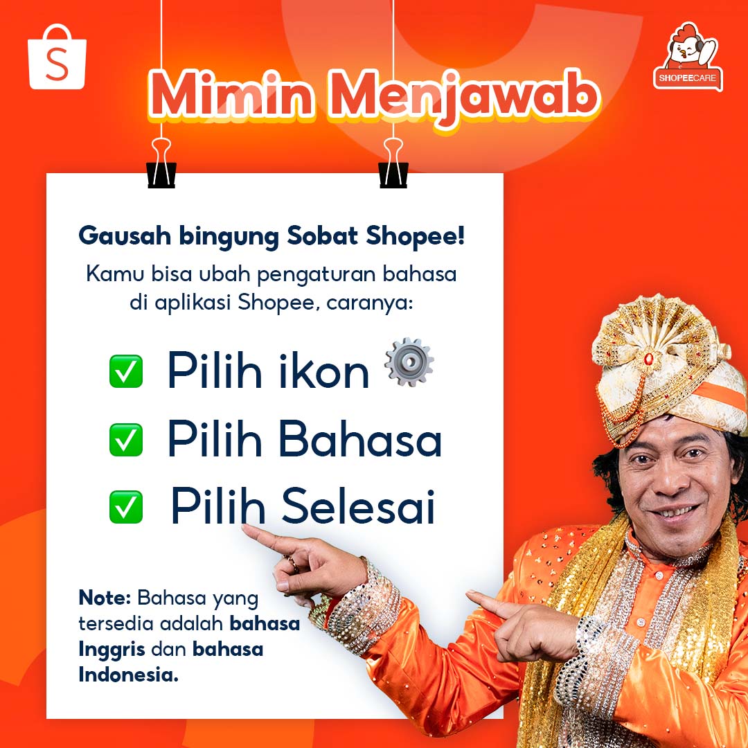 ShopeeCare's tweet photo. Sobat Shopee! Setting-an di Shopee kamu pakai bahasa Inggris terus bingung gimana ubahnya? 🤔

Don't worry guys Mimin infoin caranya! Cekidot di #MiminMenjawab kali ini ya. Kalo masih ada kendala jangan ragu buat message Mimin 😊 #MelayaniDenganSolusi #Shopeecare https://t.co/55aVzeJZRC