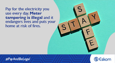Eskom_SA's tweet photo. Wise up! If somebody offers to make changes on your electricity meter and asks for payment, then you should know it’s illegal. An illegal connection can result in you being disconnected and liable for a fine. 
 Rather opt to #PayAndBeLegal. https://t.co/XUuInaP8kf