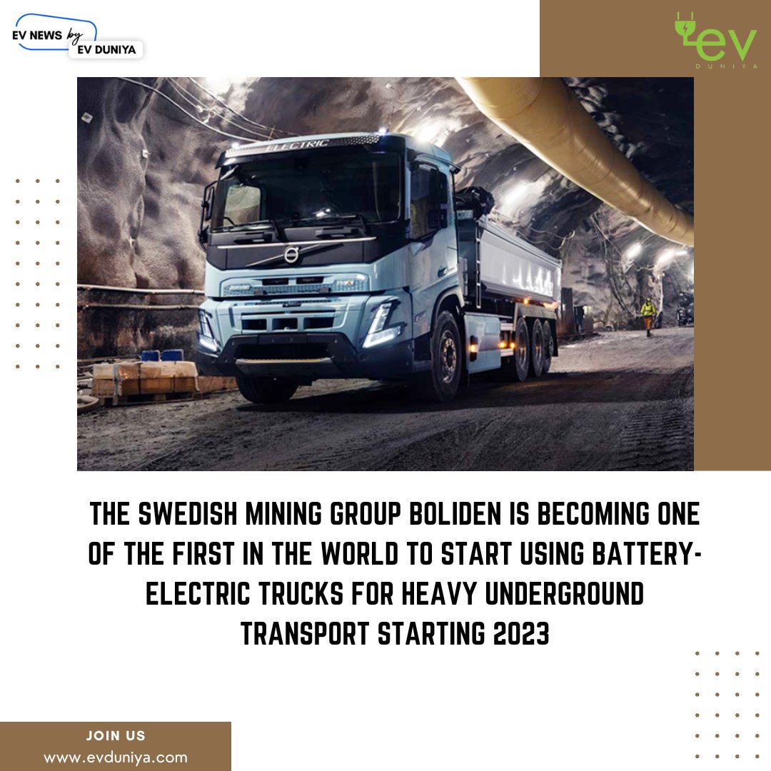 EVduniya's tweet photo. The Swedish mining group Boliden is becoming one of the first in the world to start using battery-electric trucks for heavy underground transport starting 2023

#evnews #VolvoTrucks #Boliden #electrictruck #UndergroundEnvironments #transport #Sweden https://t.co/Gj5V0TZ0uS
