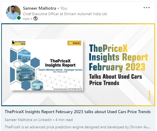 sameermalhotra_'s tweet photo. SAMIL has developed ThePriceX Insights Report for Used Passenger Vehicles unveiling the price trends for various body type and segments.
Click here to read the article and download the report: https://t.co/pkMFytotJr
#thepricex #usedcar #usedcarprice #priceprediction https://t.co/u88KaBro9W