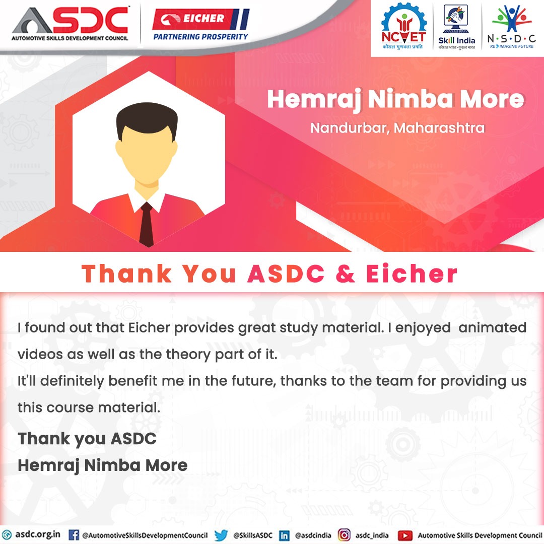 SkillsASDC's tweet photo. Give a read to Hemraj Nimba More's experience above where he thanks Eicher and shares his learnings from it.
#AutomotiveIndustry #AutoSkills #Skills #SkillingIndia #SkillIndia #Skills4All #AbSkillsKiBaari #Courses #AutoRatri #Skilling #SkillingNation #Skills #Upskilling https://t.co/7dS2iDBSNp