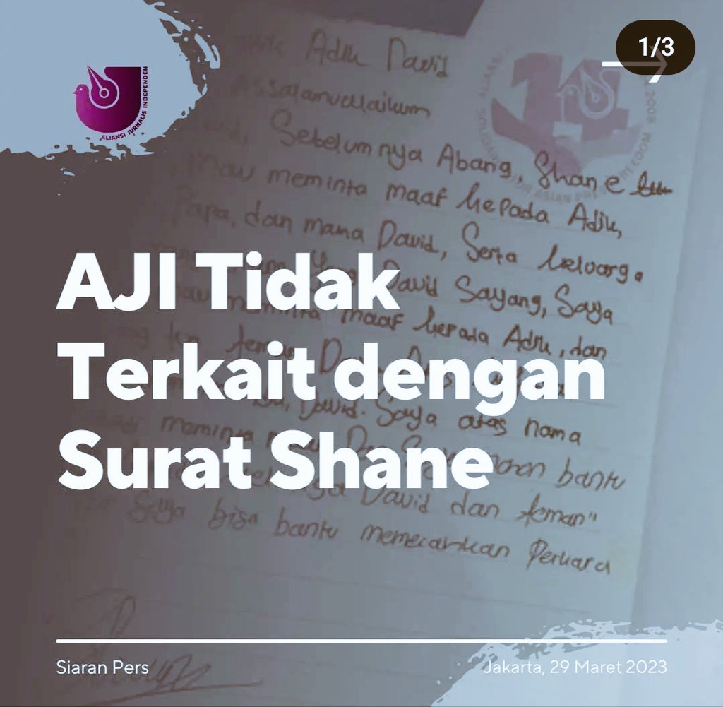 AJI Tidak Terkait dengan Surat Shane
AJI secara organisasi menyatakan tidak ada kaitan dengan kasus penganiayaan terhadap D atau tersangka Shane Lukas. AJI juga tidak mengetahui penggunaan kertas tersebut untuk surat permohonan maaf. 

Demikian klarifikasi ini kami sampaikan.