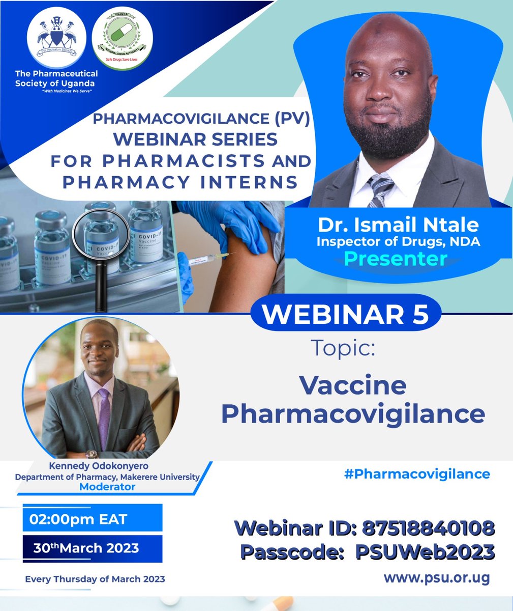 For the fifth and final part of our webinar series on PV for Pharmacists and Pharmacy Interns, we shall discuss Vaccine Pharmacovigilance. Register ➡️ us06web.zoom.us/webinar/regist…