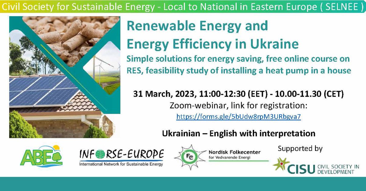 Don't miss the upcoming webinar: Renewable Energy and Energy Efficiency in Ukraine 🇺🇦 (31 March, 2023, 11:00-12:30 (EET) - 10.00-11.30 (CET)) Language: Ukrainian with English interpretation 📧 Registration: forms.gle/5bUdw8rpM3URbg… 📋 Program: folkecenter.net/webinar-renewa… #SELNEE