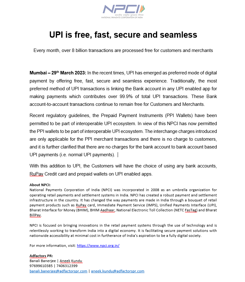 NPCI (@npci_npci) on Twitter photo NPCI Press Release: UPI is free, fast, secure and seamless
Every month, over 8 billion transactions are processed free for customers and merchants using bank-accounts
<a href="/EconomicTimes/">Economic Times</a> <a href="/FinancialXpress/">Financial Express</a>
<a href="/businessline/">businessline</a> <a href="/bsindia/">Business Standard</a> <a href="/livemint/">Mint</a> <a href="/moneycontrolcom/">Moneycontrol</a> <a href="/timesofindia/">The Times Of India</a>
<a href="/dilipasbe/">Dilip Asbe 🇮🇳</a> NPCI Press Release: UPI is free, fast, secure and seamless
Every month, over 8 billion transactions are processed free for customers and merchants using bank-accounts
<a href="/EconomicTimes/">Economic Times</a> <a href="/FinancialXpress/">Financial Express</a>
<a href="/businessline/">businessline</a> <a href="/bsindia/">Business Standard</a> <a href="/livemint/">Mint</a> <a href="/moneycontrolcom/">Moneycontrol</a> <a href="/timesofindia/">The Times Of India</a>
<a href="/dilipasbe/">Dilip Asbe 🇮🇳</a>