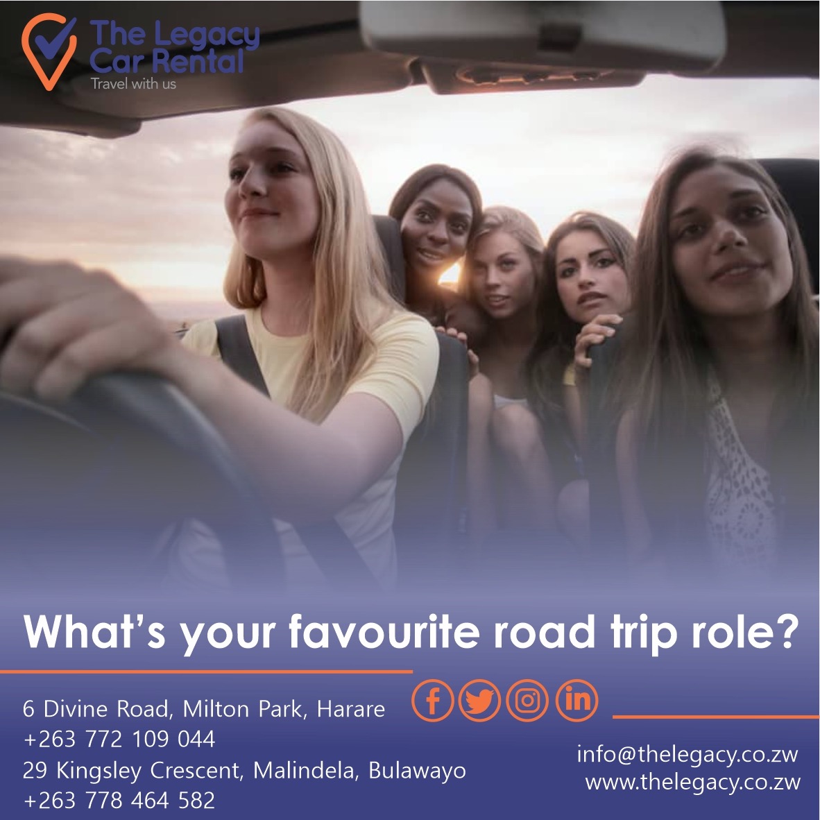 legacy_rental's tweet photo. What is the one thing you are known for on road trips?
#roadtripping #roadtrip #midweekquestion #happiness #always #role #rent #WednesdayWisdom #tellus #midweek #grouptravel #carhire #vehicle #yeswecan #hire #car #travel #booknow #travelwithus #choice #rental #legacy #chooseus https://t.co/F9OWyJ2Mim