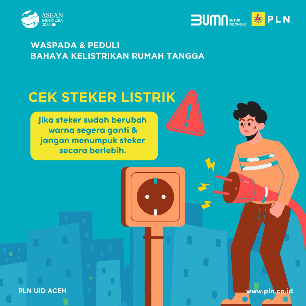 plnacehofficial's tweet photo. Assalamu'alaikum #Electrizen,
Cek berkala steker listrik peralatan electronik kamu. Jika berubah warna segera ganti dan jangan pernah menumpuk steker listrik secara berlebihan.
#PLNAceh https://t.co/n3Px1j3Ifi