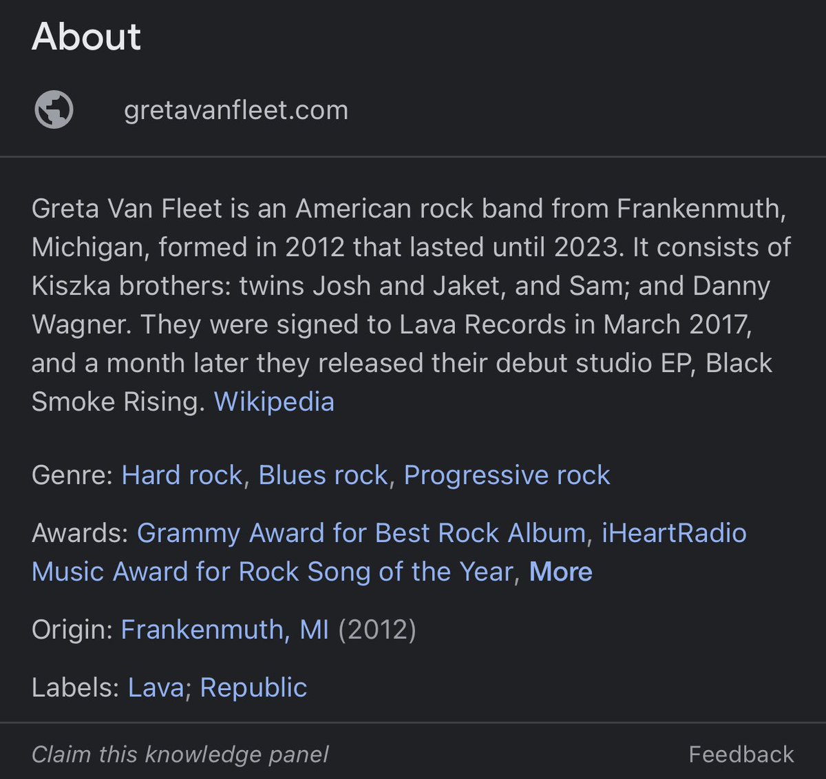 allthingsgvf's tweet photo. 🚨 || The @GretaVanFleet Wikipedia page is claiming that the band is no longer active as of tonight. https://t.co/gsDdlYmHfZ