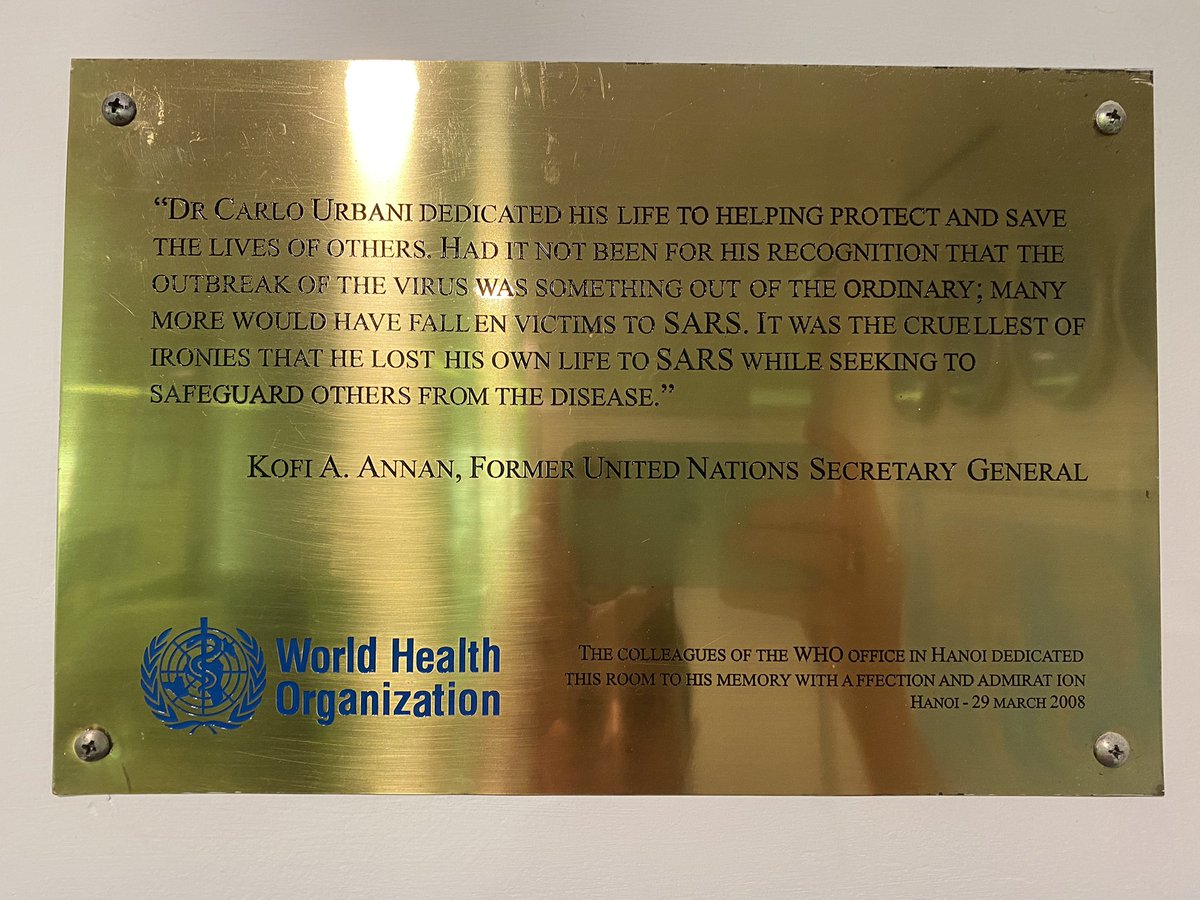 Today = 20 yrs since Dr Carlo Urbani’s death. 

Dr Urbani was <a href="/WHOVietnam/">WHO Việt Nam</a> in 2003 when he alerted the 🌎 to #SARS ➡️ timely response that saved millions of lives - but he lost his own in the process. 

I look at these plaques in our office w/ gratitude &amp; humility every day.

🙏