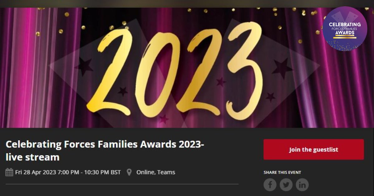 Celebrating Forces Families Awards

If you can't join us on the night, did you know you can watch the #CFFAwards2023 online instead! Register your place through the CFF Website (it's free!): 
ow.ly/VwNK50NtNI0