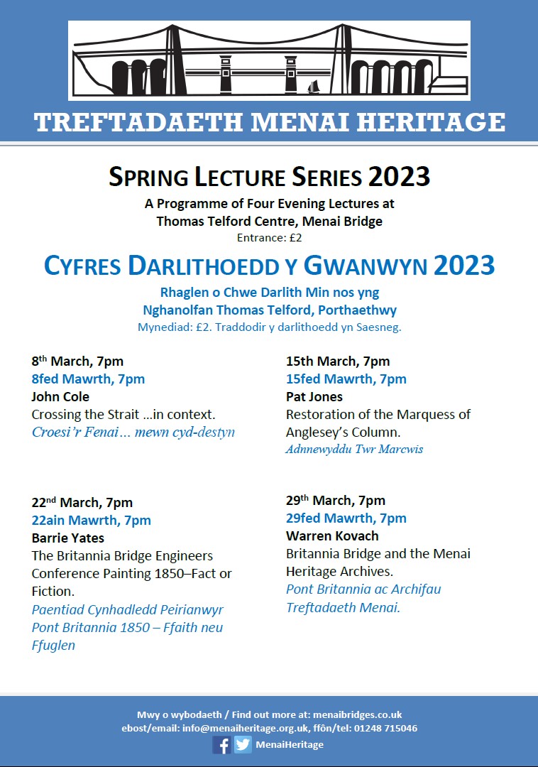 Tonight I'll be giving a talk for <a href="/MenaiHeritage/">Menai Heritage</a> about "The Britannia Bridge and the Menai Heritage Collections". At the Telford Centre, Menai Bridge (across from Waitrose), 7pm, £2 entrance fee. See you there!