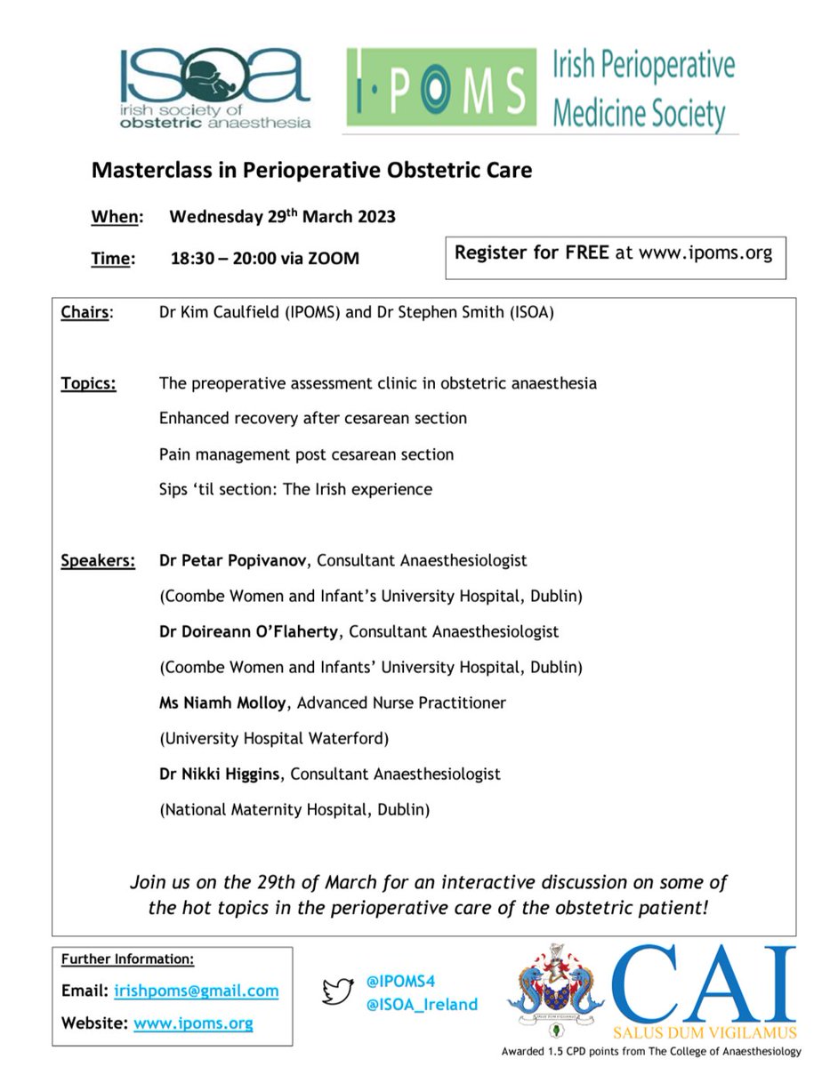 Committee of Anaesthesiology Trainees Ireland (@anaestrainees) on Twitter photo There is still time to register for this webinar. Tonight @ 18.30.
us02web.zoom.us/webinar/regist…
@COAIrl <a href="/ISOA_Ireland/">Irish Society of Obstetric Anaesthesia</a> There is still time to register for this webinar. Tonight @ 18.30.
us02web.zoom.us/webinar/regist…
@COAIrl <a href="/ISOA_Ireland/">Irish Society of Obstetric Anaesthesia</a>