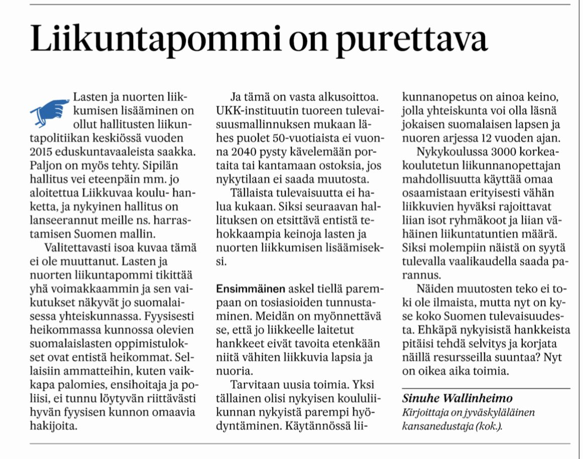 Lasten ja nuorten liikkumattomuus on yksi meidän aikamme suurimpia ongelmia. Fyysinen kunto on romahtanut ja jaksaminen yhä hektisemmässä ja pidemmässä työelämässä on aidosti vaakalaudalla. Onko resurssit kohdennettu oikein? Tätä pohdin kirjoituksessani alla. Muutoksia tarvitaan.