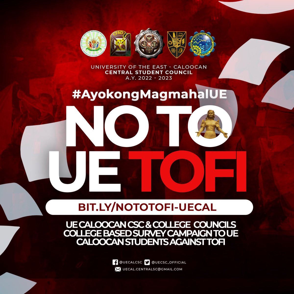 UECSC_Official's tweet photo. CSC UPDATE: #AyokongMagmahal COLLEGE BASED SURVEY TO ALL UE CALOOCAN STUDENTS | NO TO TOFI CAMPAIGN

Together we will fight for our call with our mind and hearts and say "No to TOFI!".

Kindly visit this link to sign-up for the campaign:
https://t.co/wosTzwVyIQ

#NoToTOFI https://t.co/jwE2In4n5z