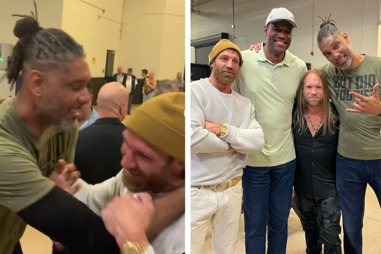 SportsBuda's tweet photo. Sparks fly as Tim Duncan grapples with Luke Rockhold backstage at UFC San Antonio. 🥊🤼‍♂️ The NBA legend surprises fans with his love for mixed martial arts. 

To read more, click here⬇️⬇️👇👇
https://t.co/q39ZdUB8Rc

 #UFC #TimDuncan #LukeRockhold #MMA #NBA #Sports #FYP #viralpost https://t.co/HSz8j8wqB4
