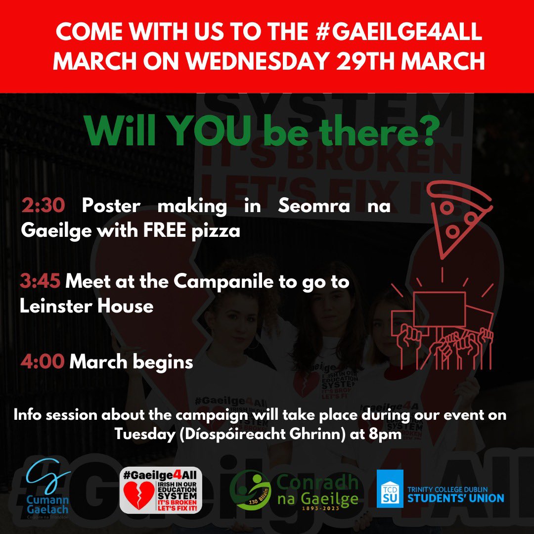 🚨💔 An mbeidh tú linn inniu?
2:30: Dearadh póstaeir i Seomra na Gaeilge 
3:45 Bualadh ag an gcampaníl 
4:00 Tús na hagóide (Teach Laighean)