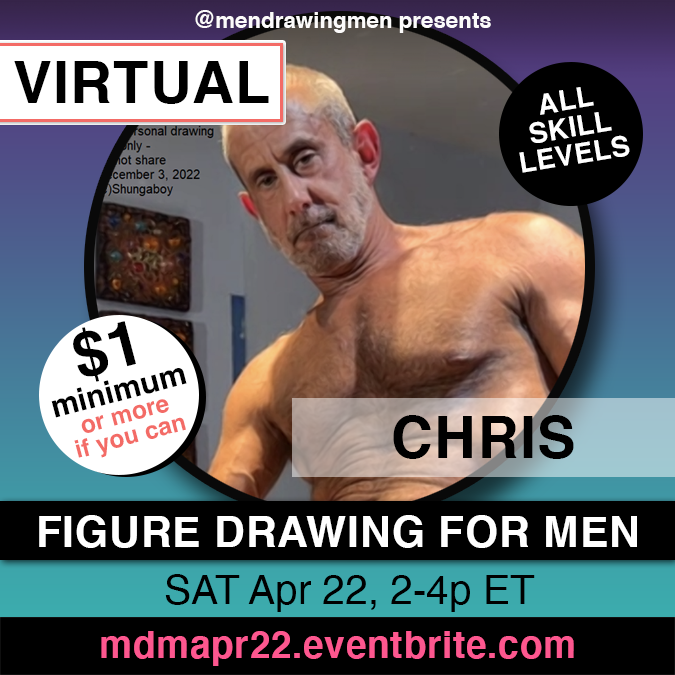 MenDrawingMen's tweet photo. Virtual artistic drawing session with CHRIS

https://t.co/VqUX5l9s4u

https://t.co/xHpNx1PFtj

SAT Apr 22, 2-4p ET (NYC)
Our Eventbrite has a time zone chart

#malemodel #malenude #figuredrawing #lifedrawing https://t.co/1Kq7NpyAcf