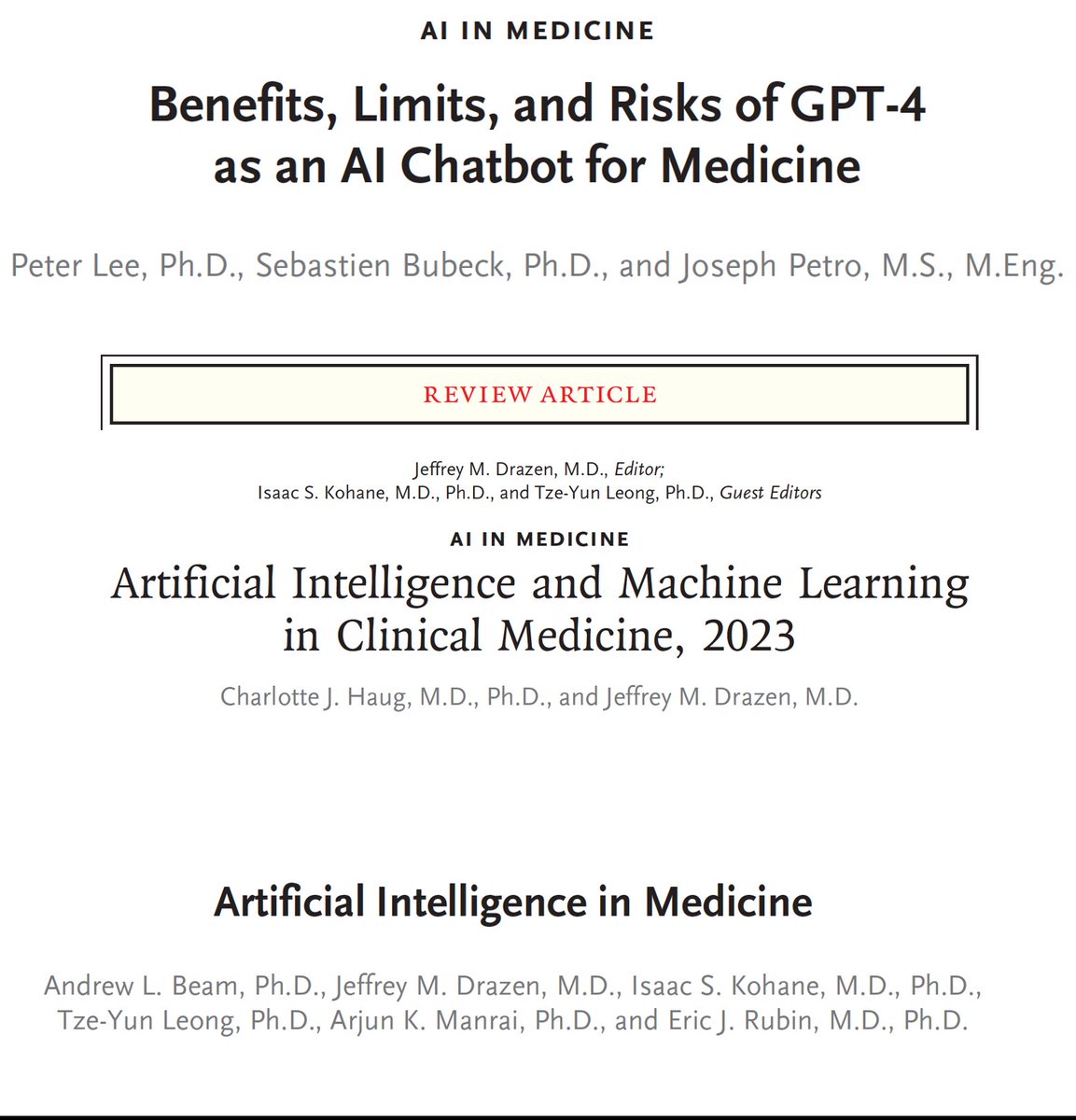 EricTopol's tweet photo. The @NEJM is getting serious about covering #AI in medicine with a new series and journal. A #GPT4 preview, review and editorial today
This important advance is covered in-depth in a new book
https://t.co/hGyrJt4yt7 https://t.co/NeOeOGtxsb