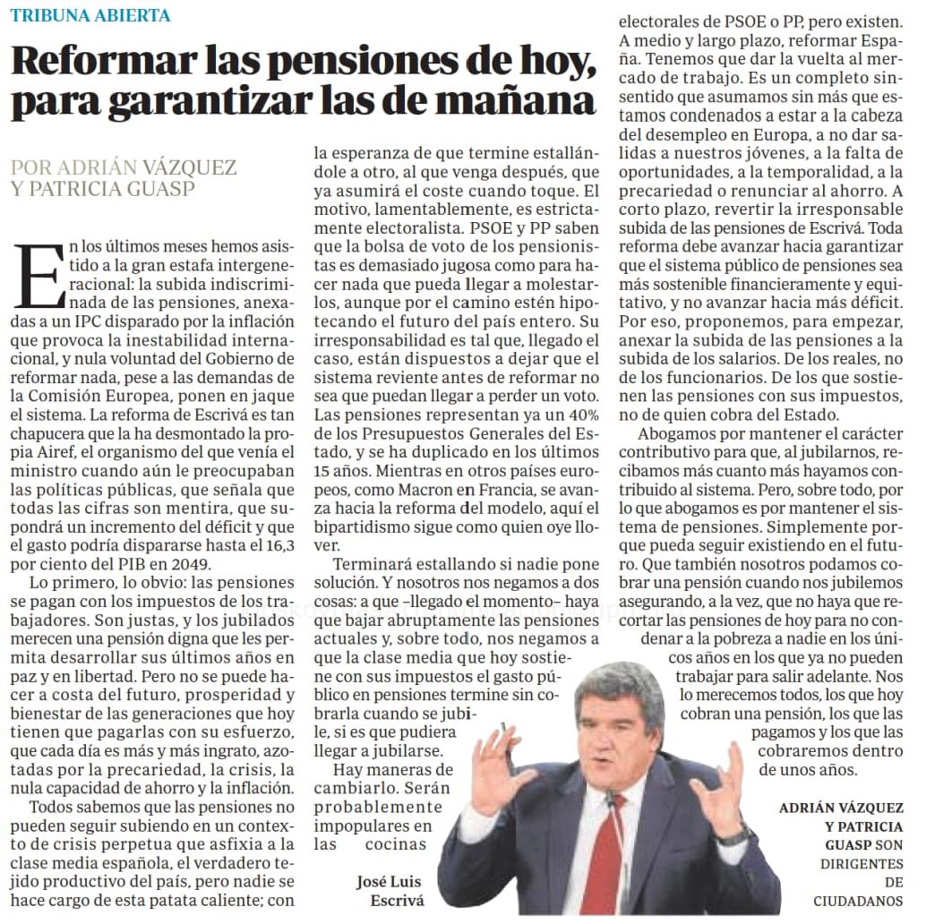 CiudadanosCs's tweet photo. Lo que hacen PSOE y PP con las pensiones es una estafa intergeneracional. 

CS es el único partido que se atreve a denunciar con valentía que están quebrando el sistema. Vamos a proteger las pensiones de hoy y las de mañana.

✒️ @PatriciaGuaspB y @AdrianVL1982 en @abc_es https://t.co/TuzeGkry70