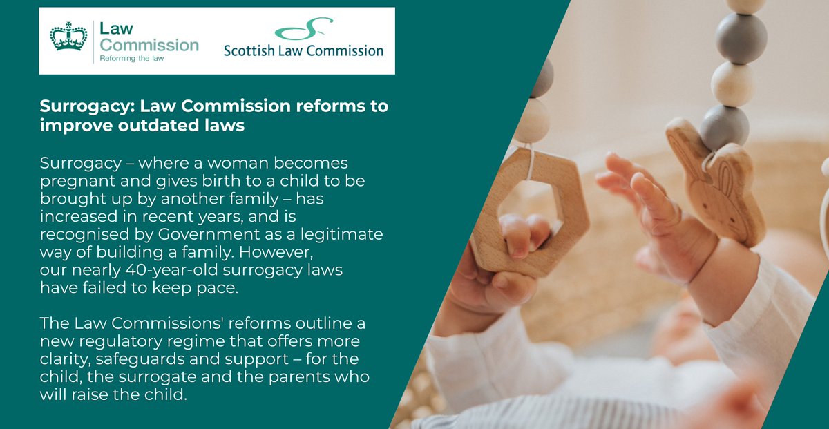 NEW: The Law Commission of England and Wales and @ScotLawCom have today published recommendations for reform to #surrogacy laws. 

Our reforms ensure that surrogacy agreements are well-regulated, offering more support and security. 

📕 Read more here: lawcom.gov.uk/surrogacy-laws…
