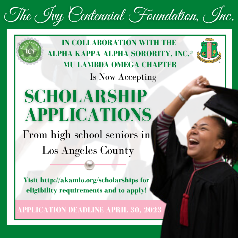 MLOAKA's tweet photo. The Ivy Centennial Foundation, Inc., in partnership with Mu Lambda Omega Chapter of AKA, is providing college scholarships.  Awards range from $1,000 to $5,000. The deadline is April 30, 2023. Access the application here: https://t.co/3OhlZG2e77. 
#ICF #MLOAKA  #AKAMLO  #AKAFWR https://t.co/6ohQ67R0nm