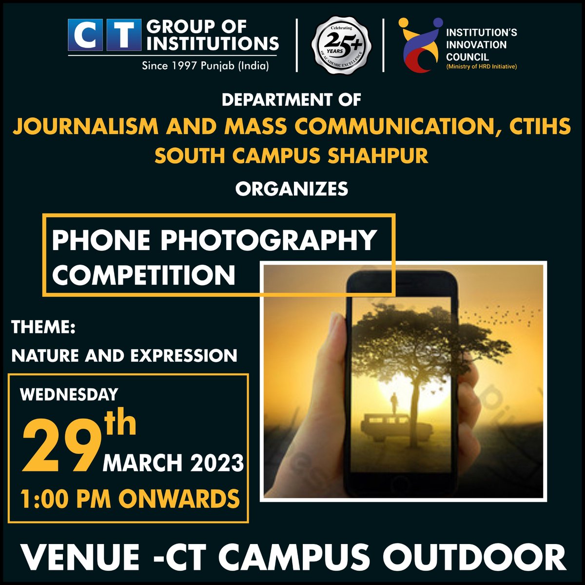 CTGroupshahpur's tweet photo. Department of Journalism and Mass Communication, CTIHS South Campus Shahpur organizes Phone Photography Competition on the theme of " Nature and Expression " on Wednesday 29th March.

#ctgroup #shahpur #bestcollege #festevent #ctevent #jalandharpunjab #ctihs #jmc #sswing #ptu https://t.co/1S0dild5Ii