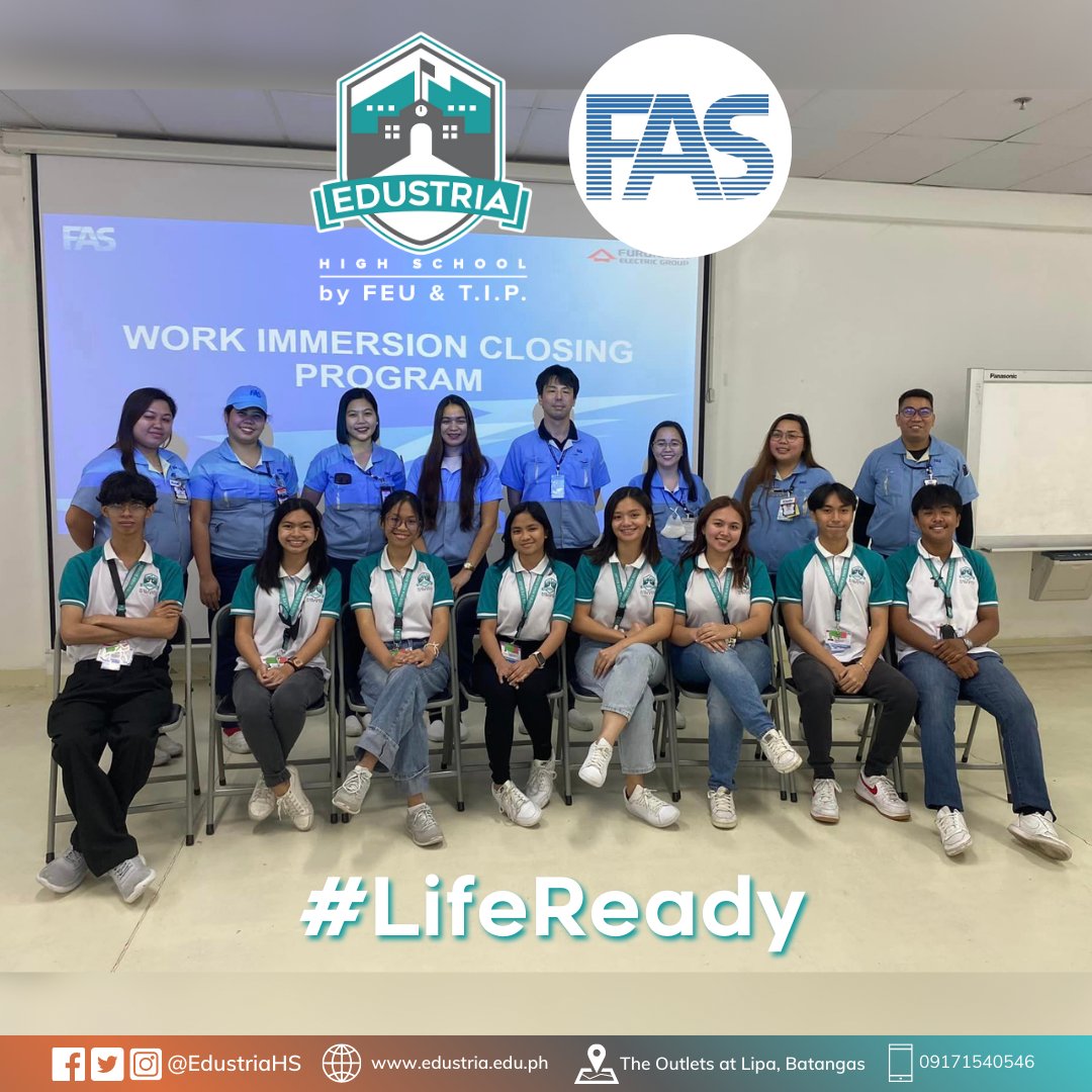 EdustriaHS's tweet photo. Congratulations to the grade 12 students of Edustria High School for completing their 80-hour work immersion program! Thank you to Furukawa Automotive Systems LIMA Phils, Inc for providing such a great opportunity to the students. 
#fasmates
#workimmersion
#LifeReady https://t.co/gvRTe3QcKo