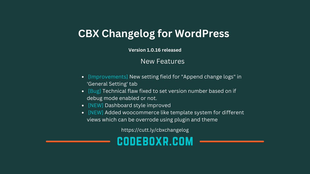 codeboxr's tweet image. CBX Changelog for #WordPress version 1.0.16 released    #changelog #codeboxr #plugin codeboxr.com/product/cbx-ch…
