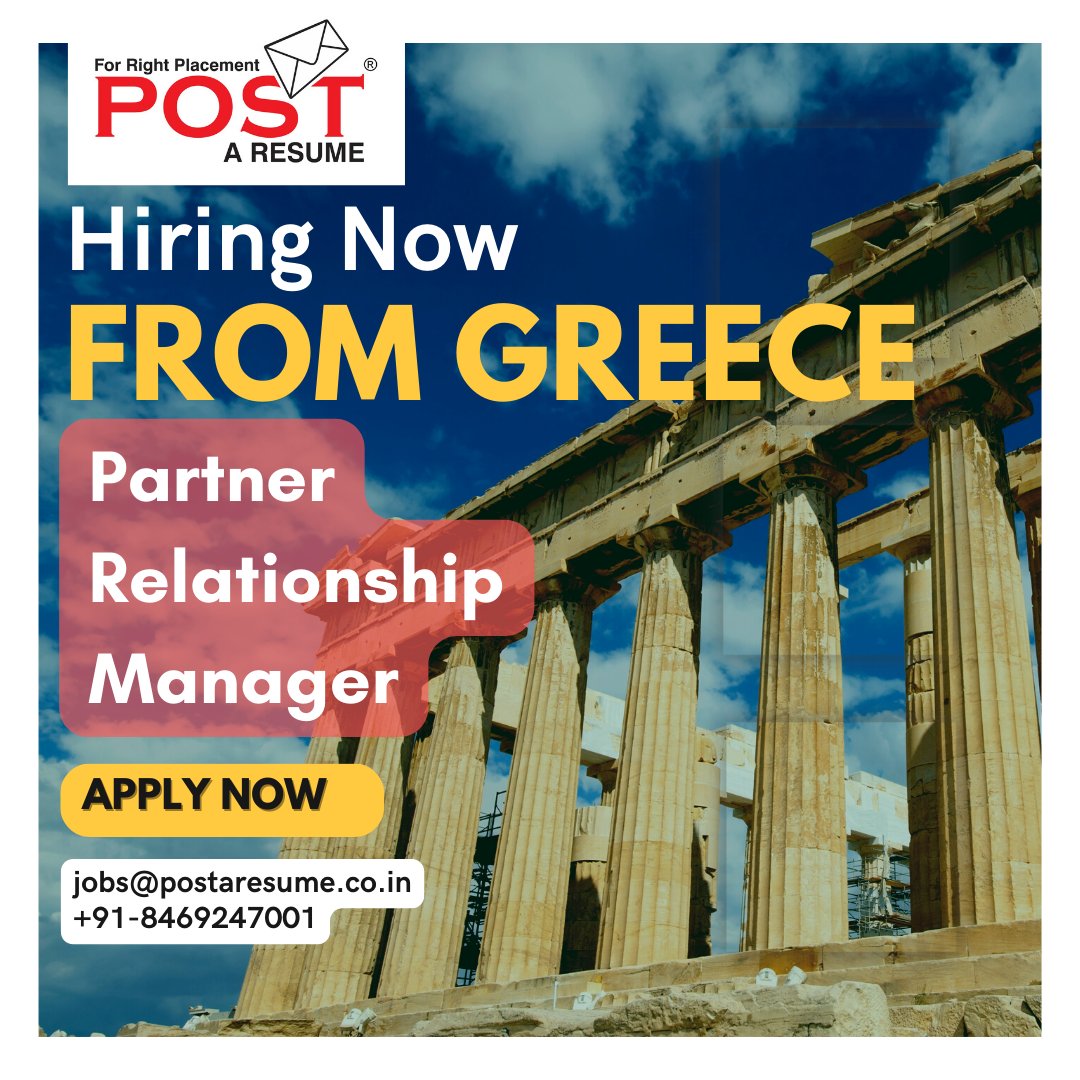 Hiring From Greece
Partner Relationship Manager
Send email jobs@postaresume.co.in
Call on +91-8469247001
#postAresume #Greecejobs #AirChemistry #RelationshipManager #Romania #jobsinGreece #Poland #greece