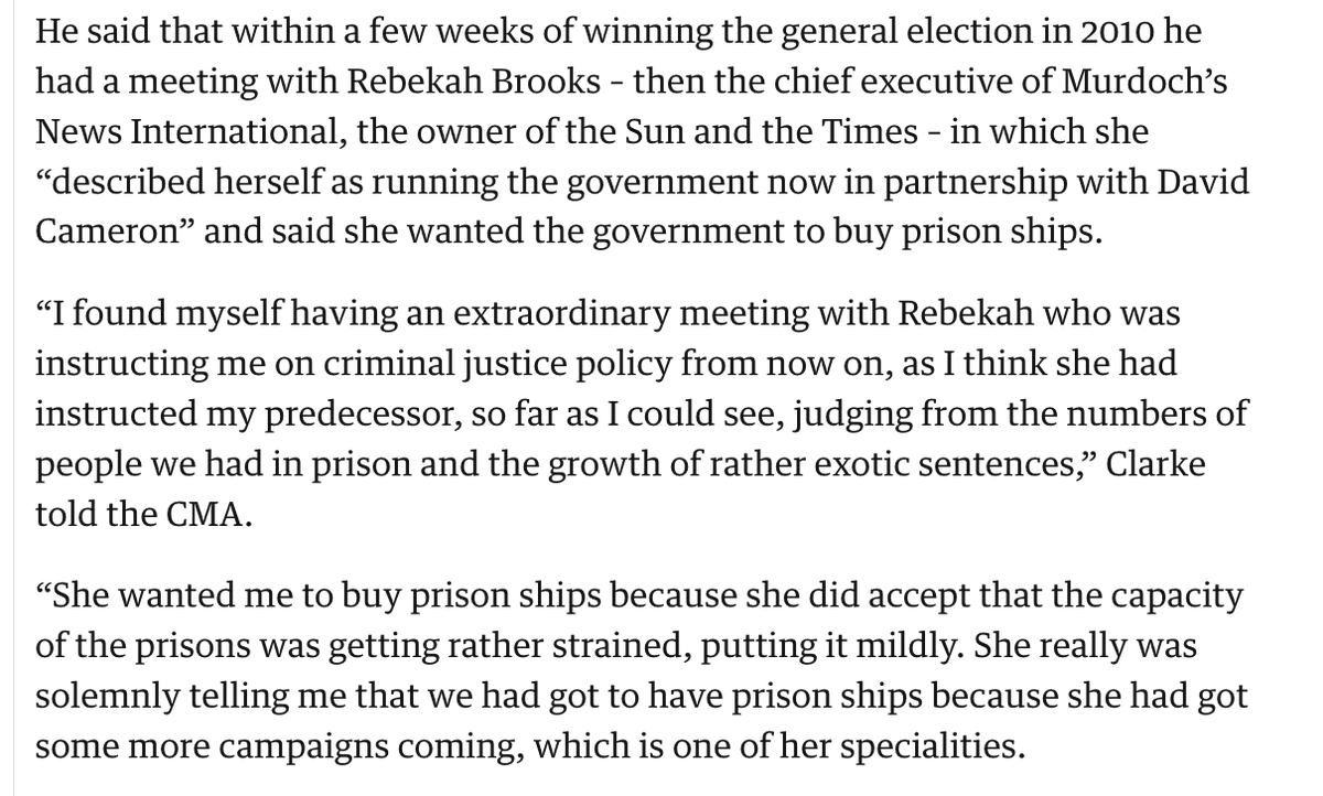 Ken Clarke's memoir says that as Justice Secretary in 2010, he was pressed by the Sun editor to buy prison ships, as the paper wanted to campaign on that issue
theguardian.com/politics/2017/…