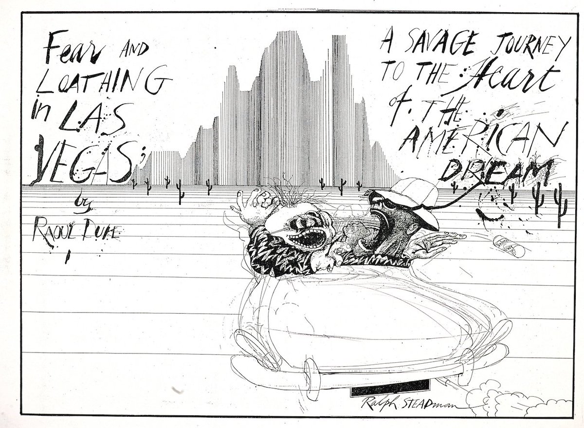 SteadmanArt's tweet photo. "Any freak with $1.98 can walk into Circus-Circus and suddenly appear in the sky over downtown Las Vegas twelve times the size of God, howling anything that comes into his head." - HST

#NevadaDay #HunterSThompson #FearAndLoathingInLasVegas #RalphSteadman https://t.co/YEw2zK8suD