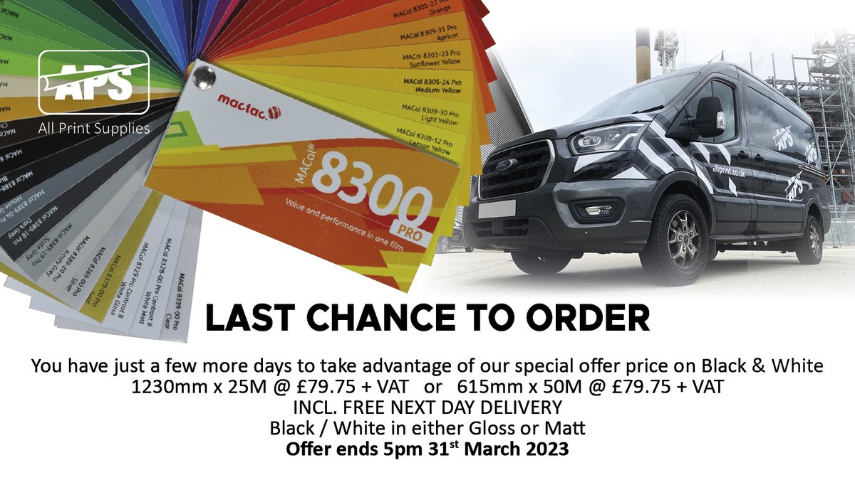 APS_allprint's tweet image. LAST CHANCE TO SNAP UP OUR SPECIAL OFFER - Offer ends 5pm 31st March 2023
SPECIAL OFFER PRICE on Black &amp;amp; White @MactacEurope MACal 8300 Pro High Performance #SignVinyl  
1230mm x 25M    £79.75 + VAT + FREE NEXT DAY DELIVERY, or
615mm x 50M    £79.75 + VAT + FREE NEXT DAY DELIVERY