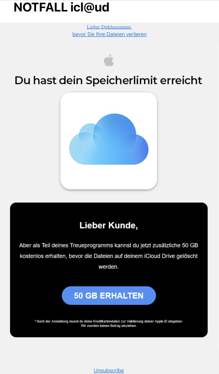 Sicherlich! Wer kennt es nicht? Das Treueprogramm bei dem Apple alles mögliche verschenkt … vor allem Speicherplatz, dafür sind sie ja weltweit bekannt… 😆 *Ironie* #Spam #Apple