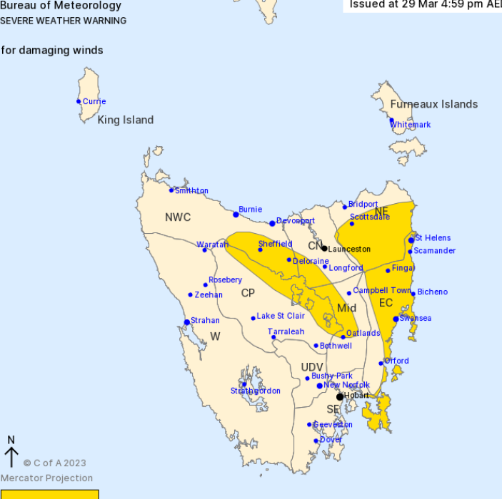 .<a href="/BOM_Tas/">Bureau of Meteorology, Tasmania</a> has issued a Severe Weather Warning for damaging winds for North East, East Coast and parts of South East, North West Coast, Central North, Central Plateau and Midlands forecast districts.  For more info visit bit.ly/3TOlZup