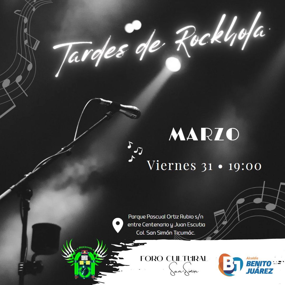 #TardesDeRockhola  viernes 31 marzo, 7 pm.  #EntradaLibre #ForoCulturalSanSimónABJ