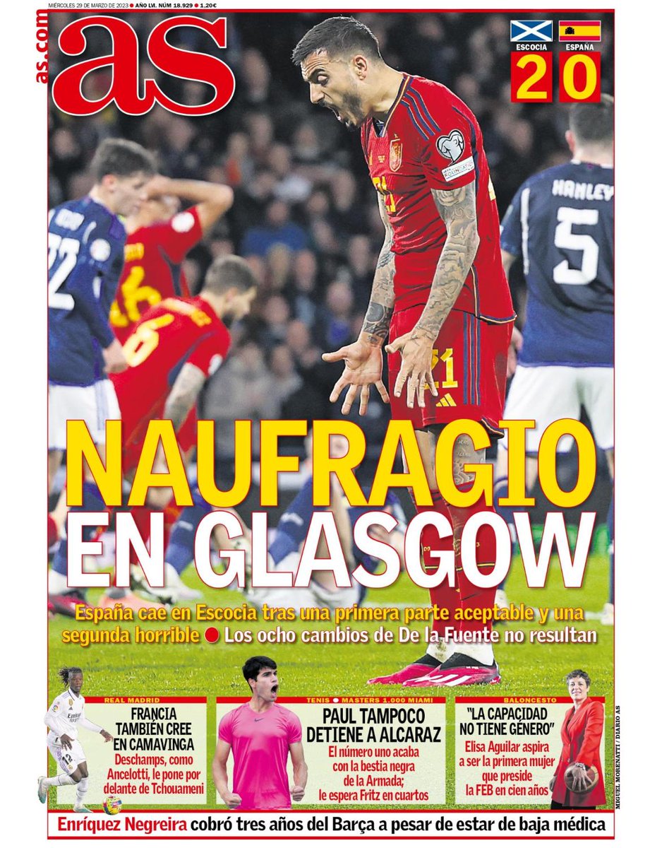 tsf_podcast's tweet photo. Today's 🇪🇸⚽ frontpages:

🗞️ Marca: "What's the plan?"
🗞️ AS: "Collapse in Glasgow"
🗞️ Mundo Deportivo: "Stung"
🗞️ Sport: "Failure" https://t.co/RAT2ZeWSAy