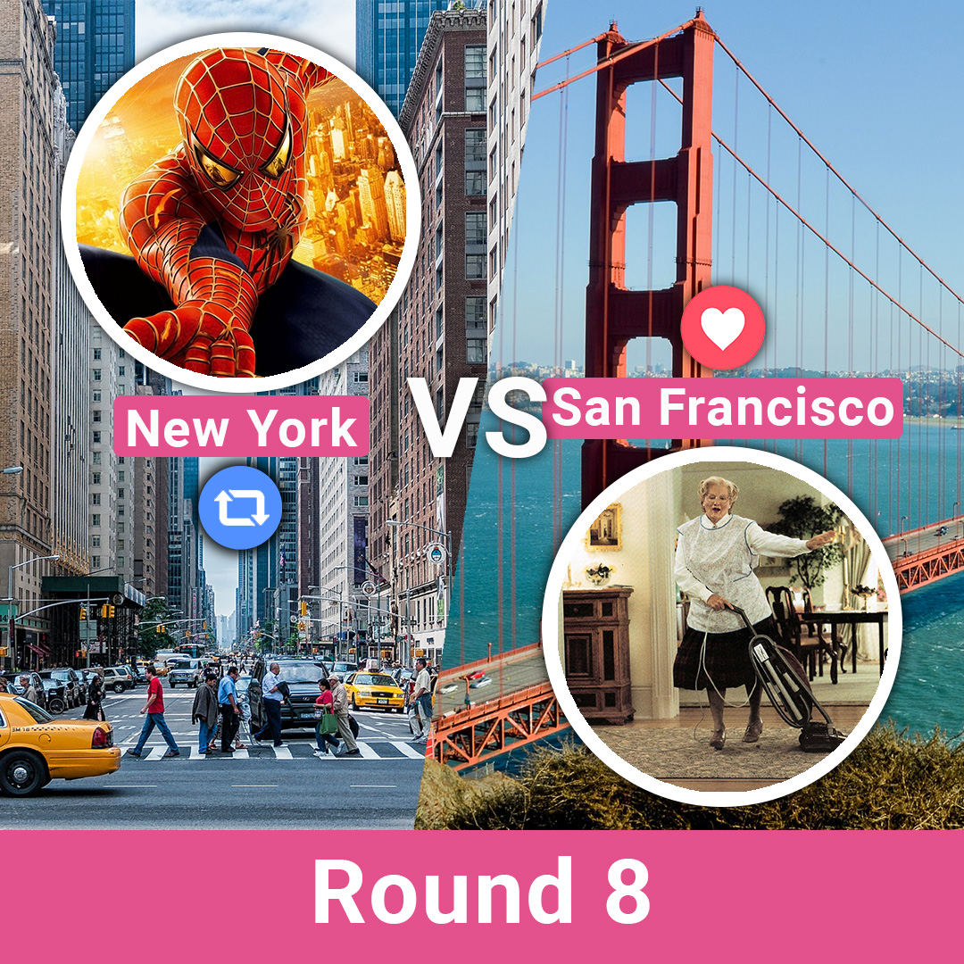 fantrippers's tweet photo. TOURNOI DES VILLES

Pour ce 8e round, un match entièrement américain.

D'un côté, #NewYork représentée par #SpiderMan
De l'autre, #SanFrancisco représentée par Madame Doubtfire

Quelle ville est selon vous la plus pop ?

À vous de choisir 👊 https://t.co/LzQWiOHSCz